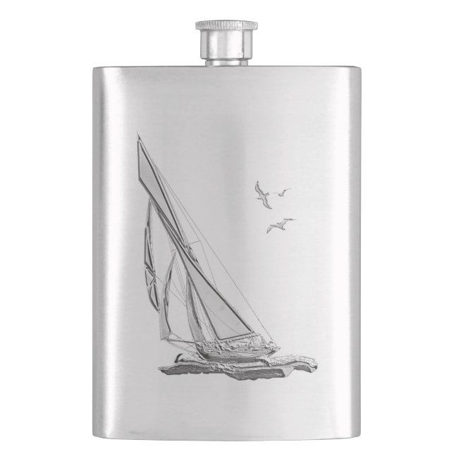 Chrome Sail boat Nautical Print Hip Flask (Front)