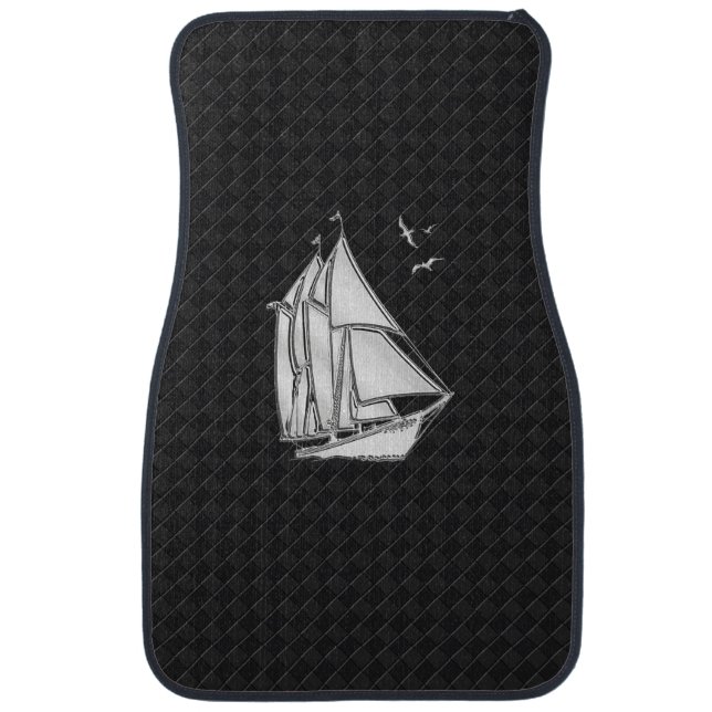 Chrome Sail Boat on Black Checkers Print Car Mat (Front)