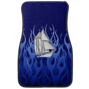 Chrome Sail Boat on Blue Flames Print Car Floor Mat