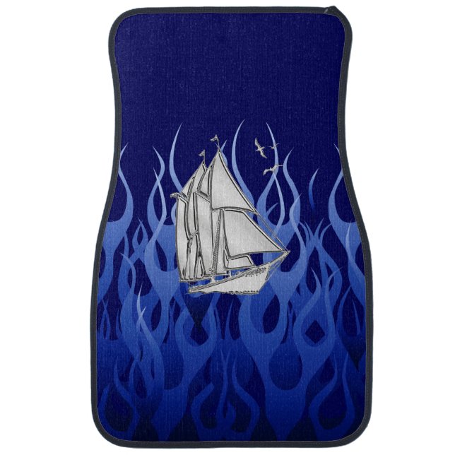 Chrome Sail Boat on Blue Flames Print Car Floor Mat (Front)