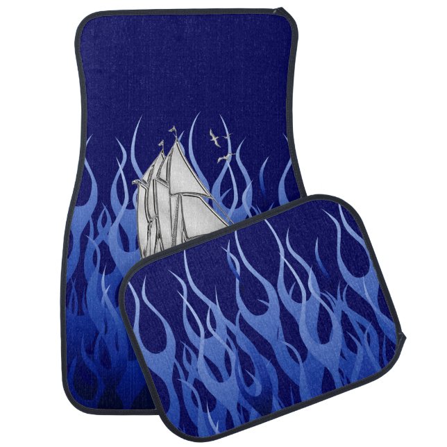 Chrome Sail Boat on Blue Flames Print Car Mat (Set)