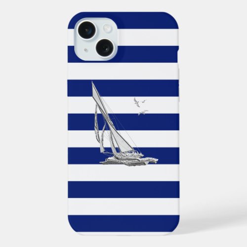 Chrome Sail Boat on Navy Stripes iPhone 15 Plus Case