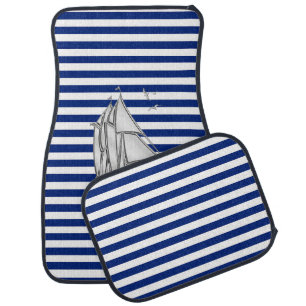 Chrome Sail Boat on Navy Stripes Print Car Mat