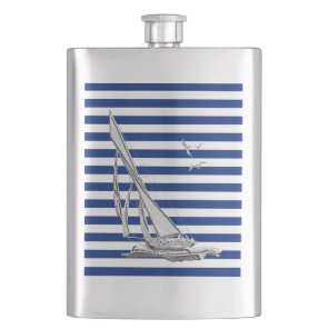 Chrome Sail Boat on Navy Stripes Print Hip Flask
