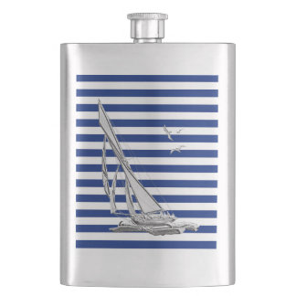 Chrome Sail Boat on Navy Stripes Print Hip Flask