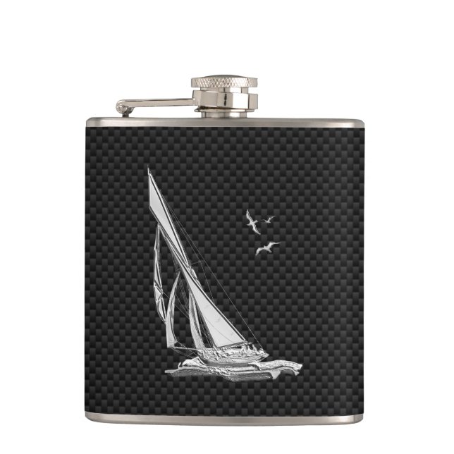 Chrome Sailboat on Carbon Fiber Print Flask (Front)