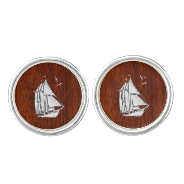 Chrome Sailboat on Mahogany Print Cufflinks (Front)
