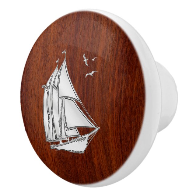 Chrome Sailboat on Nautical Mahogany Grain Print Ceramic Knob (Right)