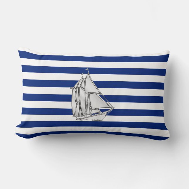 Chrome Sailboat on Nautical Stripes Lumbar Pillow (Front)