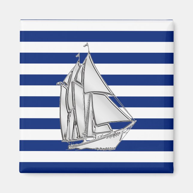 Chrome Sailboat on Nautical Stripes Magnet (Front)