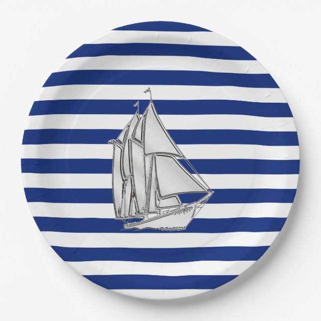 Chrome Sailboat on Nautical Stripes Paper Plates (Front)