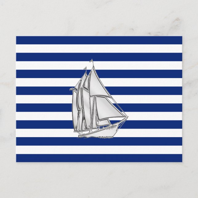 Chrome Sailboat on Nautical Stripes Postcard (Front)