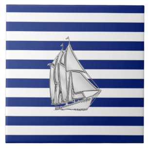 Chrome Sailboat on Nautical Stripes Tile