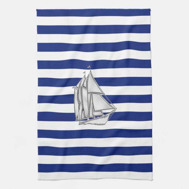Chrome Sailboat on Nautical Stripes Towel (Vertical)