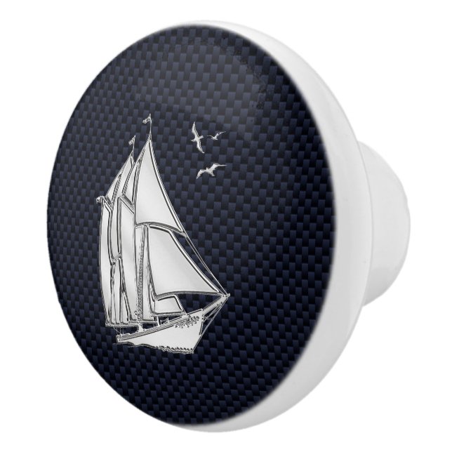 Chrome Sailboat on Navy Carbon Fiber Print Ceramic Knob (Right)
