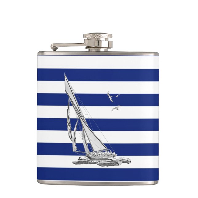 Chrome Sailboat on Navy Stripes Flask (Front)