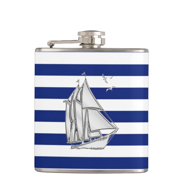 Chrome Sailboat on Navy Stripes Hip Flask (Front)
