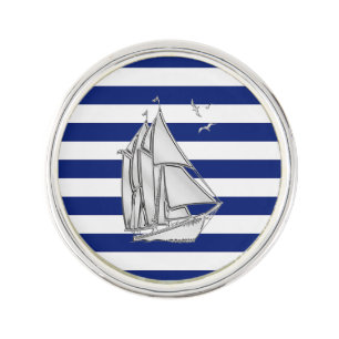 Chrome Sailboat on Navy Stripes Print Lapel Pin