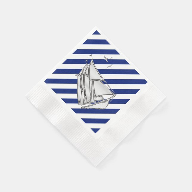 Chrome Sailboat on Navy Stripes Print Napkins (Corner)