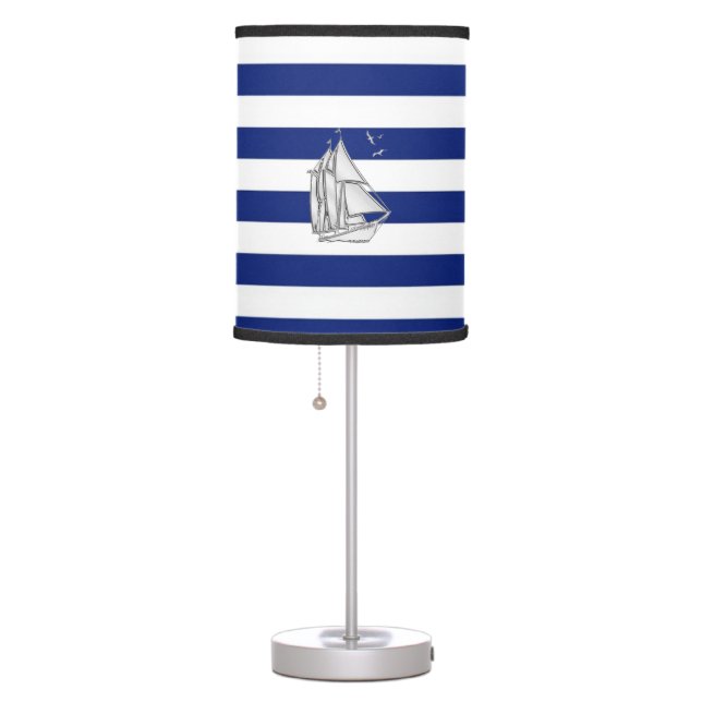 Chrome Sailboat on Navy Stripes Table Lamp (Right)
