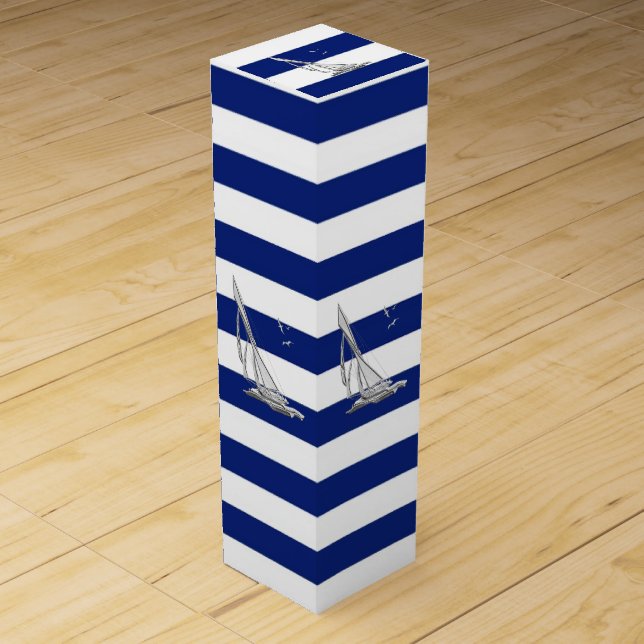 Chrome Sailboat on Navy Stripes Wine Box (Front)