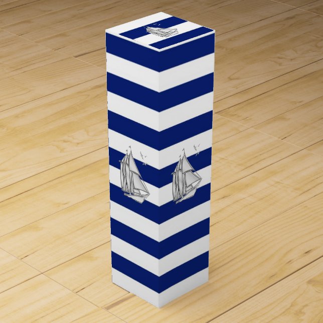 Chrome Sailboat on Navy Stripes Wine Gift Box (Front)