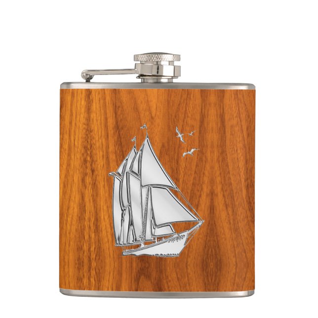 Chrome Sailboat on Teak Print Flask (Front)