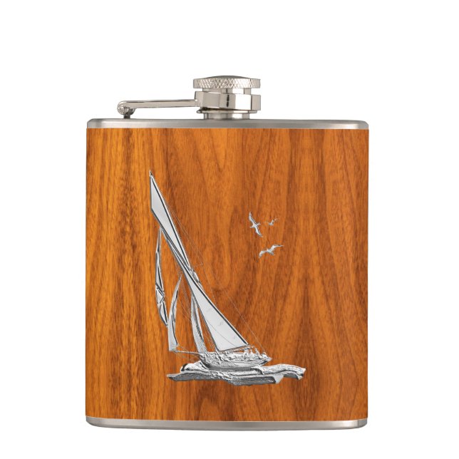 Chrome Sailboat on Teak Print Flask (Front)