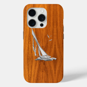 Chrome Sailboat on Teak Veneer Print iPhone 15 Pro Case