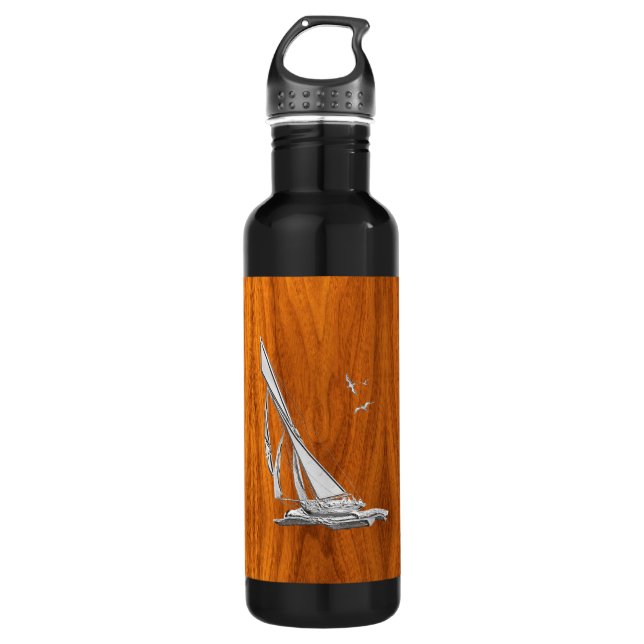 Chrome Sailboat on Teak Veneer Stainless Steel Water Bottle (Front)