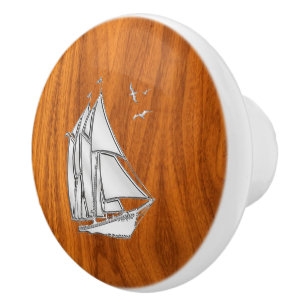 Chrome Sailboat on Teak Wood Grain Print Ceramic Knob