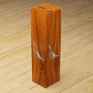 Chrome Sailboat on Teak Wood Veneer Print Wine Box