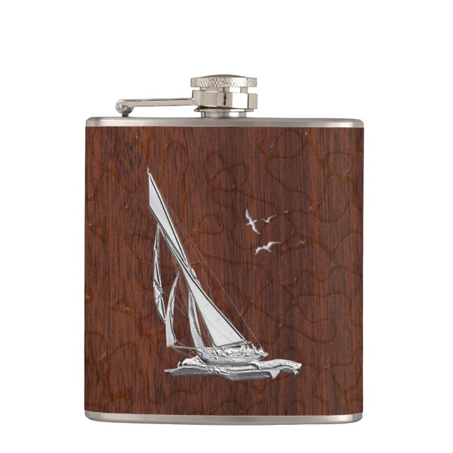 Chrome Sailboat on Wet Mahogany Print Flask (Front)