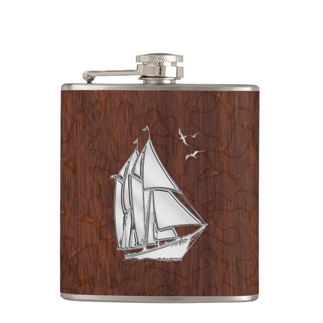 Chrome Sailboat on Wet Mahogany Print Flask (Front)