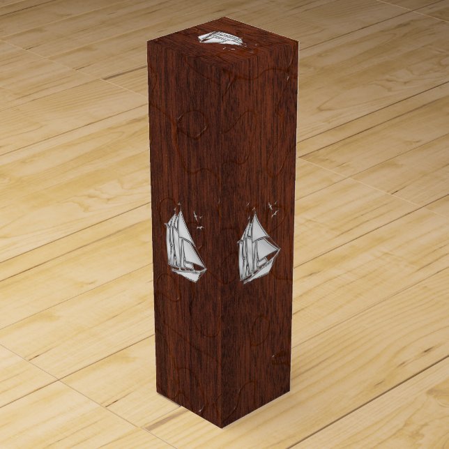 Chrome Sailboat on Wet Mahogany Veneer Print Wine Box (Back)
