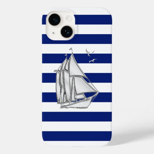 Chrome Sailboat Print on Navy Stripes Case_Mate iPhone 14 Case