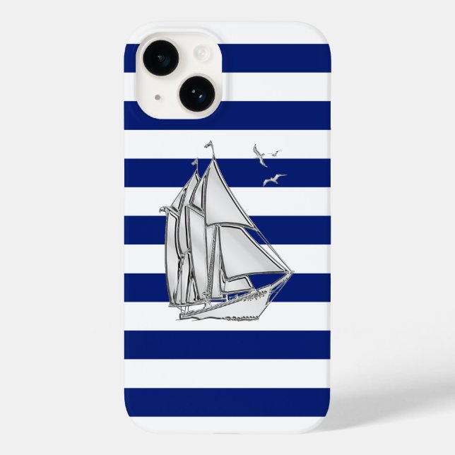 Chrome Sailboat Print on Navy Stripes Case-Mate iPhone Case (Back)