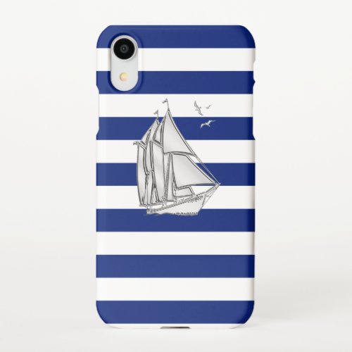 Chrome Sailboat Print on Navy Stripes   iPhone XR Case