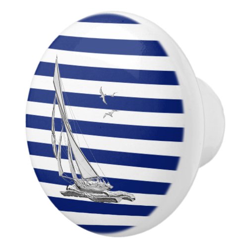 Chrome Sailing on Nautical Navy Blue Stripes Print Ceramic Knob