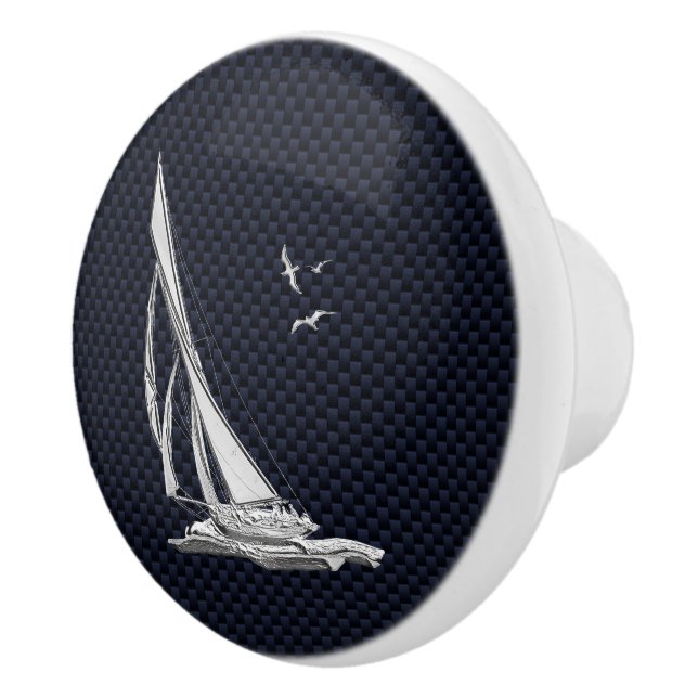 Chrome Sailing on Nautical Navy Carbon Fiber Print Ceramic Knob (Right)