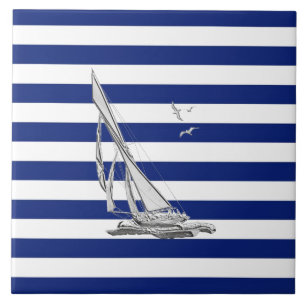 Chrome Sailing on Nautical Stripes Ceramic Tile