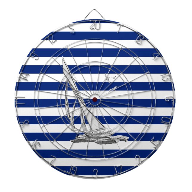 Chrome Sailing on Nautical Stripes Dartboard With Darts (Front)