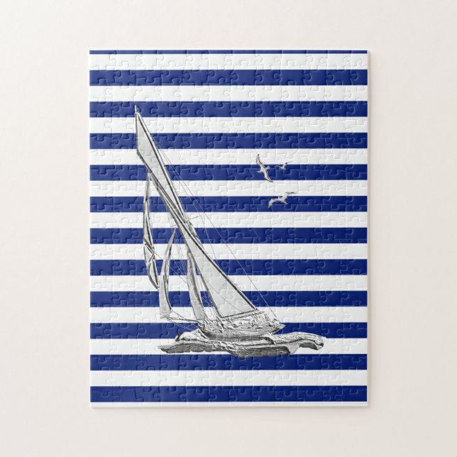 Chrome Sailing on Nautical Stripes Jigsaw Puzzle (Vertical)
