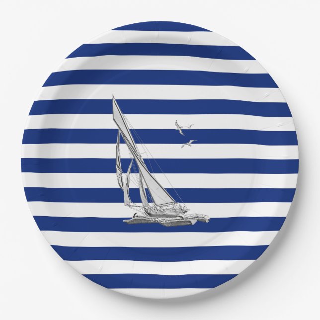 Chrome Sailing on Nautical Stripes Paper Plates (Front)