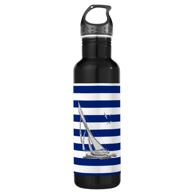 Chrome Sailing on Nautical Stripes Stainless Steel Water Bottle (Front)