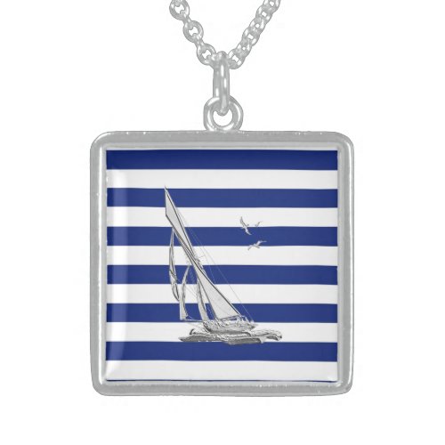 Chrome Sailing on Nautical Stripes Sterling Silver Necklace