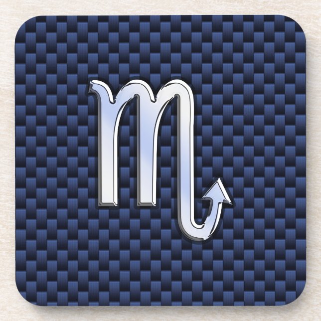 Chrome Scorpio Zodiac Sign on Blue Carbon Fiber Beverage Coaster (Front)