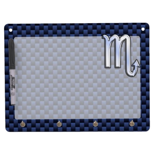 Chrome Scorpio Zodiac Sign on Blue Carbon Fiber Dry Erase Board With Keychain Holder