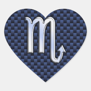 Chrome Scorpio Zodiac Sign on Blue Carbon Fiber Heart Sticker