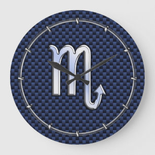 Chrome Scorpio Zodiac Sign on Blue Carbon Fiber Large Clock